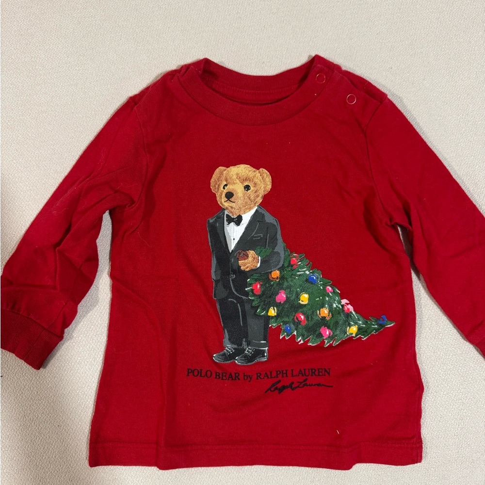 Ralph Lauren Red Long Sleeve Kids Christmas Tee with Polo Bear